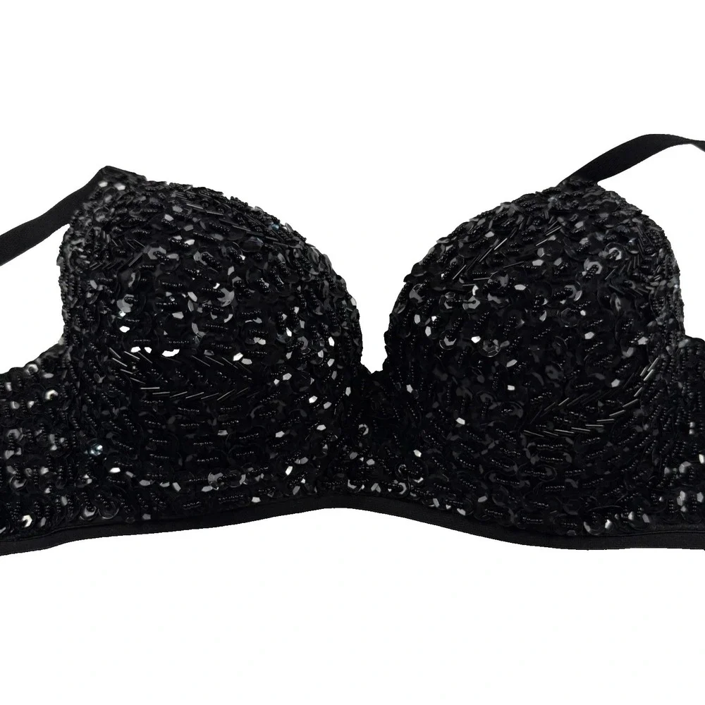 Black Beaded Sequin Bra 38 Band‎ Dance Costume Festival Rave Padded Convertible